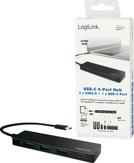 Hub USB LogiLink UA0311, USB-C në 3x USB-A + 1x USB-C, 5Gbps, 30cm, i zi
