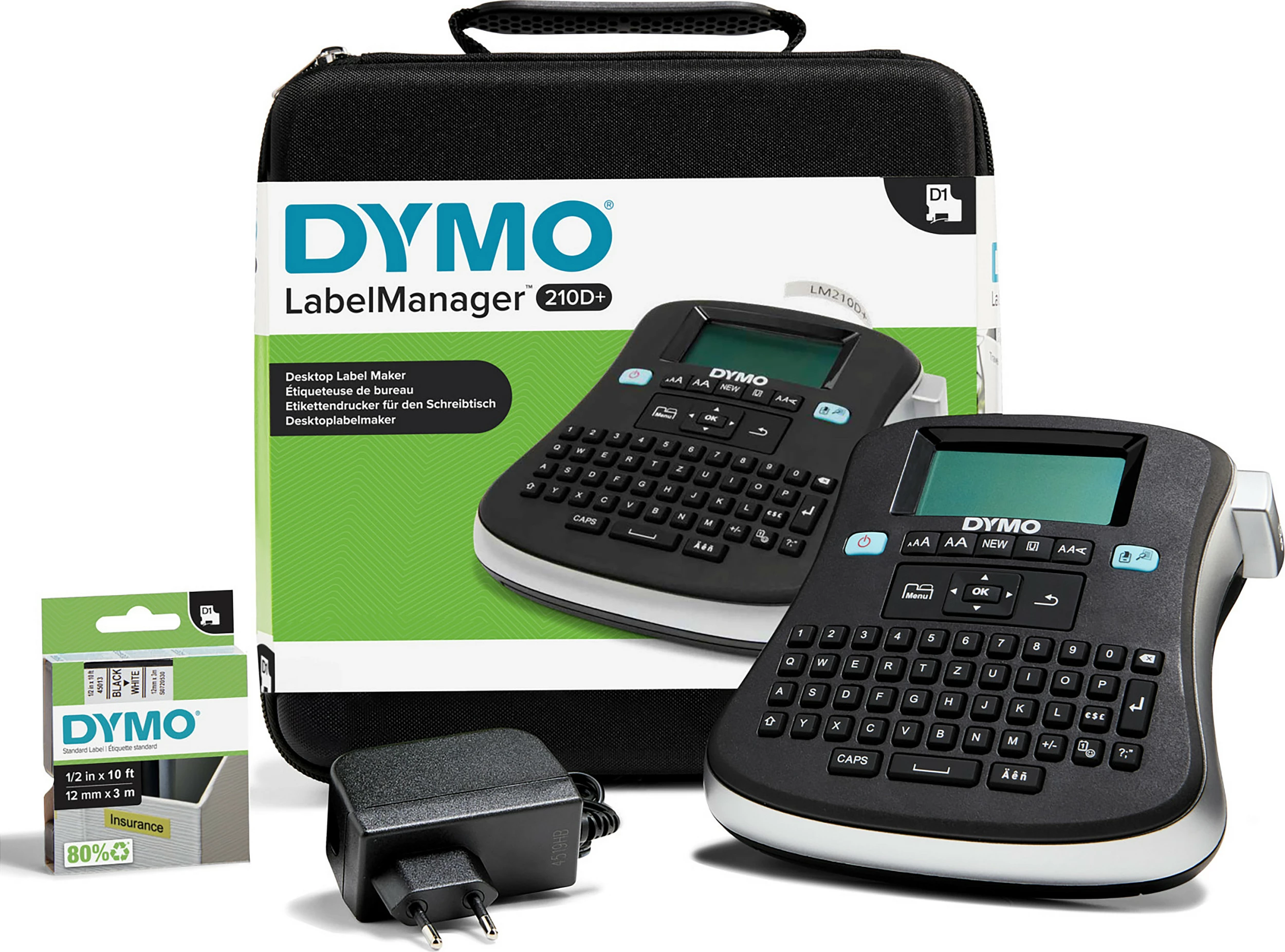 Printer për etiketa Dymo LabelManager 210D+, QWERTZ, LCD, 180x180 DPI, me kasë, zi/gri