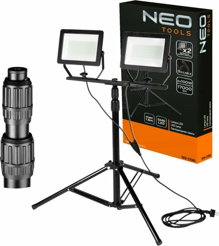 Reflektor LED i dyfishtë NEO Tools 99-096, 2x100W, 2x8500lm, IP65, stativ 1.8m, i zi