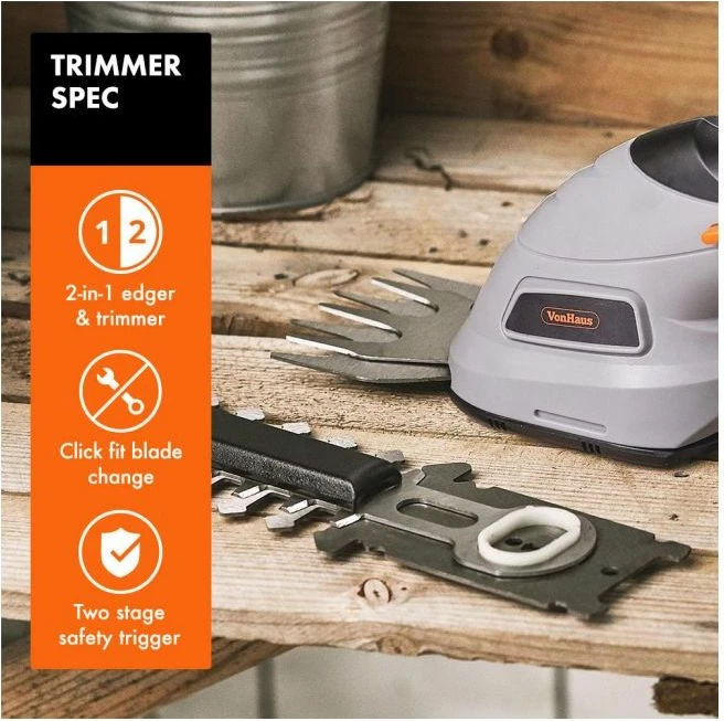 Trimmer pa kabllo 2-në-1 VONHAUS 2500259, 3.6V Li-ion, teh 10 cm + gërshërë bari 7 cm, adaptor UK/EU, gri/zi/portokalli