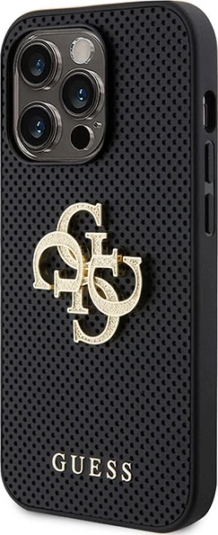 Mbështjellës Guess Perforated 4G Glitter Logo për iPhone 15 Pro 6.1\", hardcase TPU + lëkurë eko, i zi, në kuti