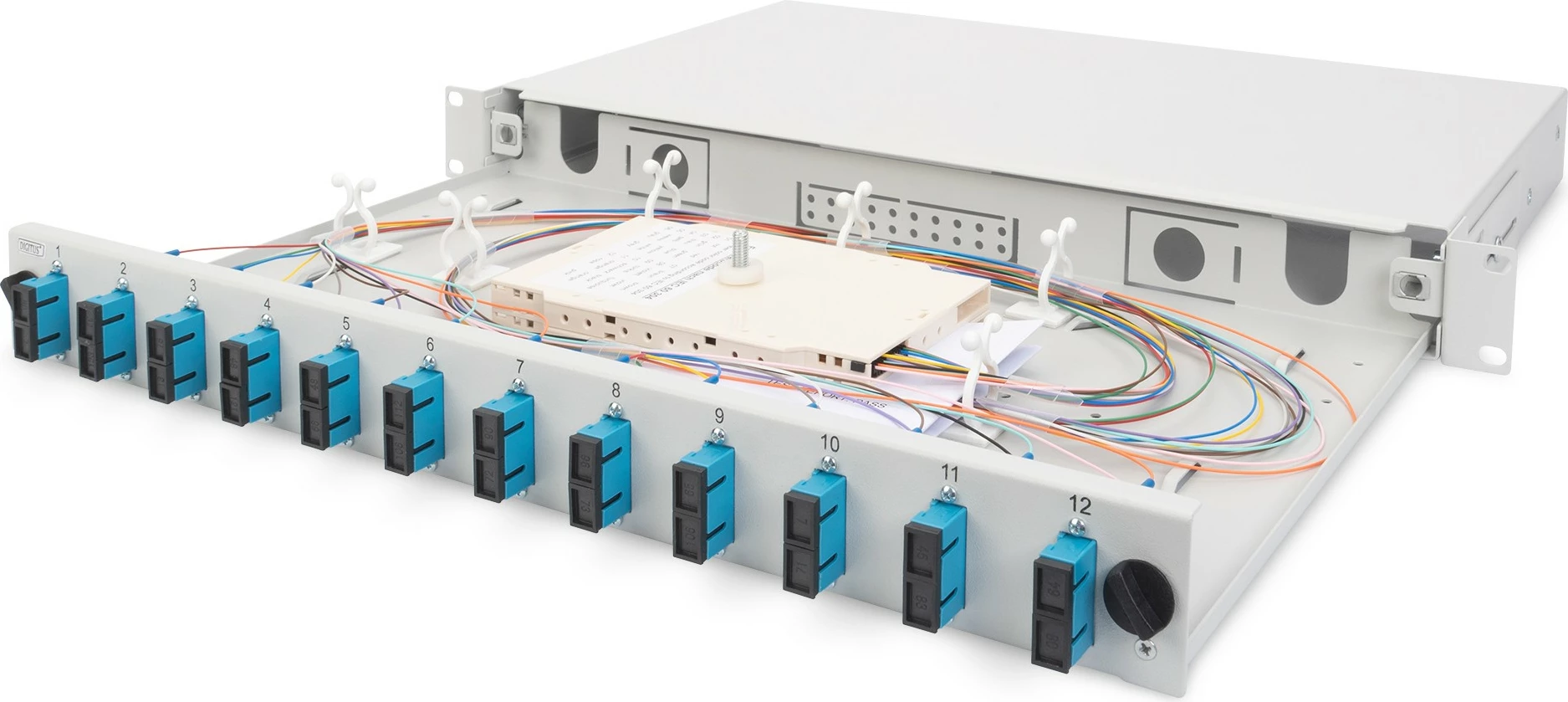 Kutia për fibra optike Digitus, përbrenda, çeliku, 428x240x44mm, quick lock