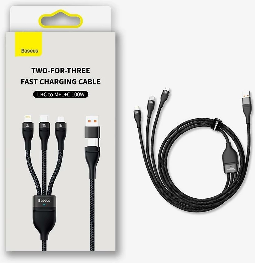 Kabllo multifunksional Baseus Flash Series II CASS030101, 1.2m, 100W, USB-A/USB-C/Lightning/micro USB, e zezë