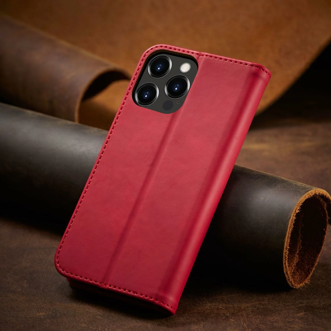 Mbështjellës Hurtel Magnet Fancy Case për iPhone 14 Pro Max, me portofol dhe mbajtëse, Kuq