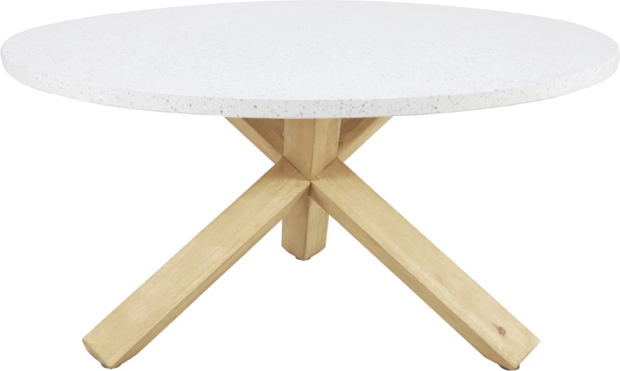 Tavolinë Terrazzo, sipërfaqe terrazzo, këmbë dru eukalipt, 150x150x76.3cm