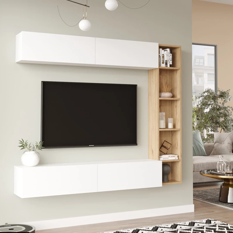 Set për dhomë ndeje i montuar në mur, ngjyrë natyrale-bardhë,, 169.10x25.8x143.5cm