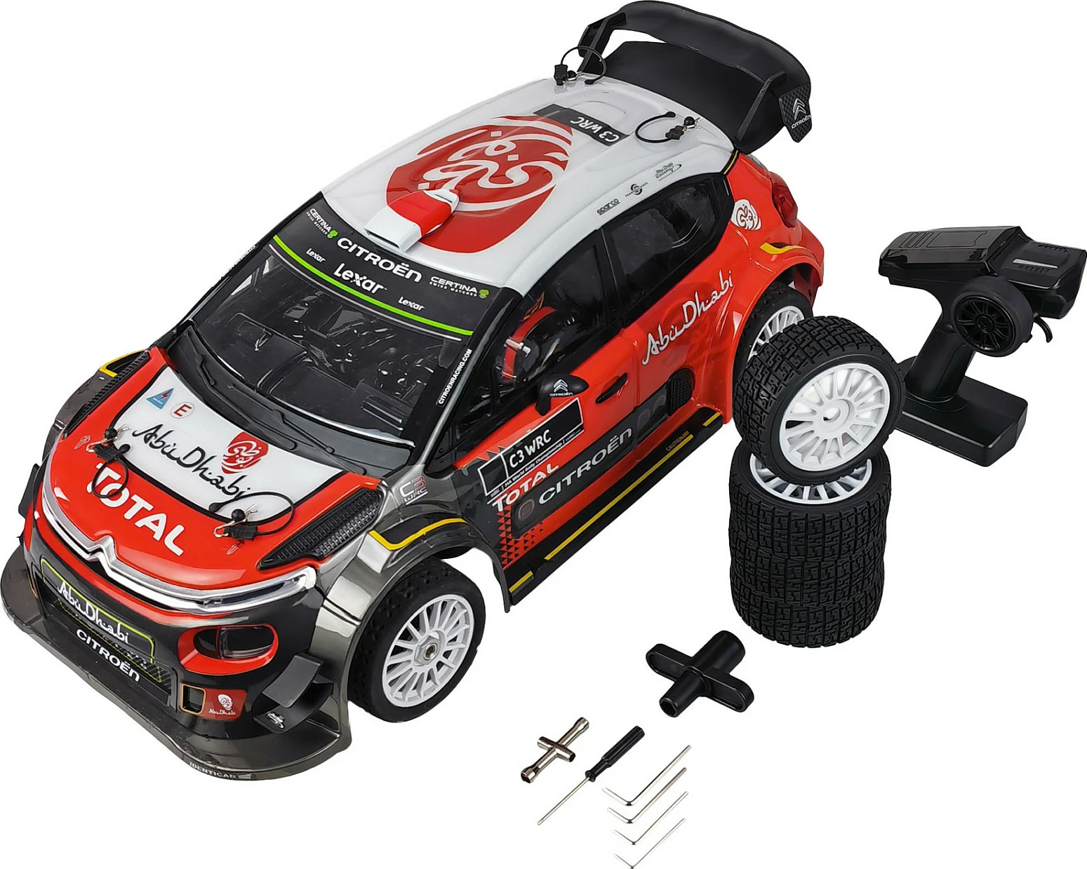 Makinë RC AMEWI Citroën C3 WRC 1:7, 4WD, brushless, 2.4GHz, drita, zi/kuqe/bardhë