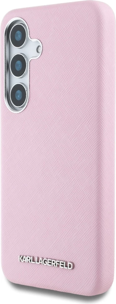 Mbështjellës Karl Lagerfeld Saffiano Full Wrapped Elongated Metal Logo MagSafe për Samsung Galaxy S25, Rozë