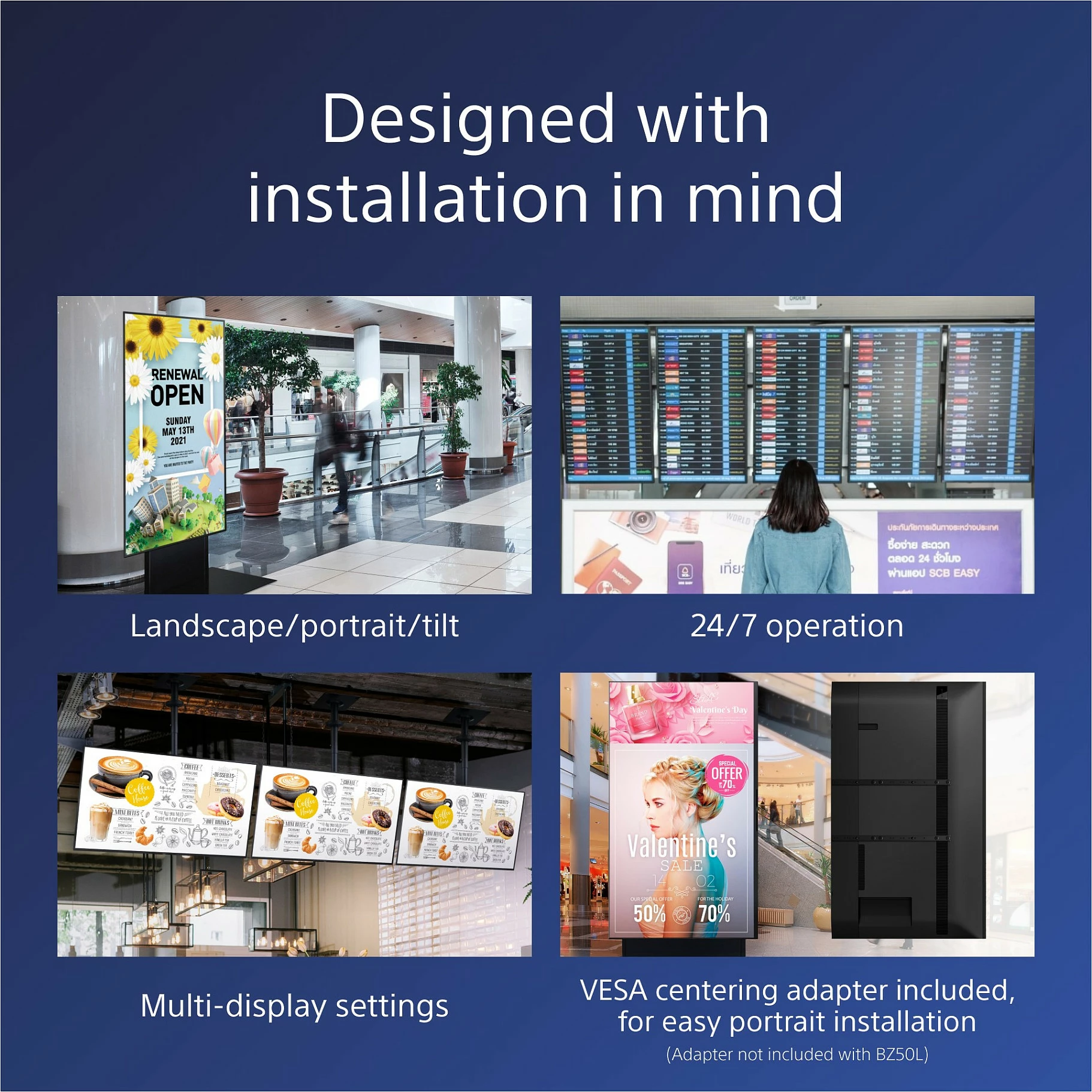 Ekran profesional Sony FW-55BZ40L, 55", 4K UHD LCD, Wi‑Fi, 24/7, ngjyrë e zezë