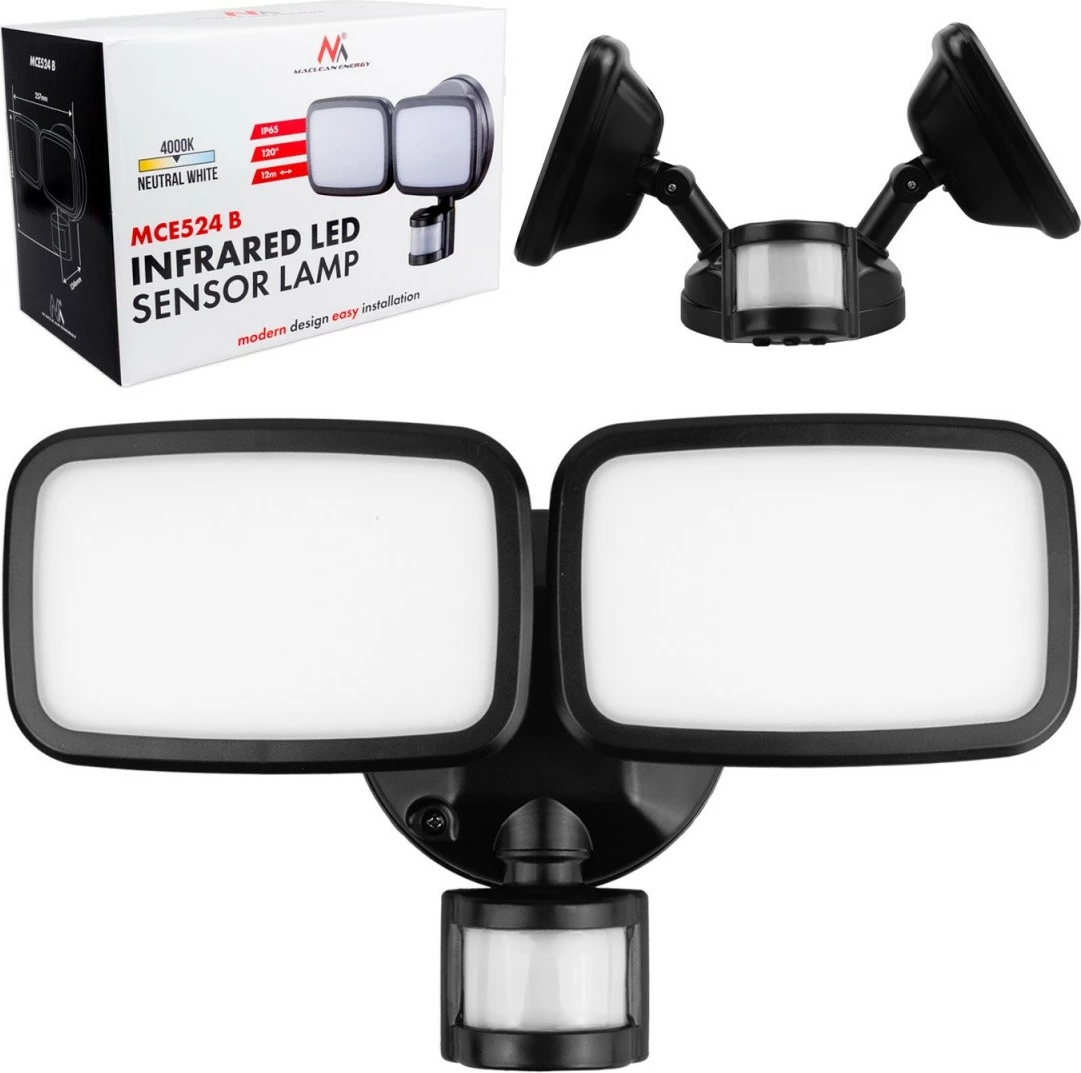 Llampë muri LED Maclean MCE524B 20W 1500lm IP65 4000K me sensor PIR, e zezë