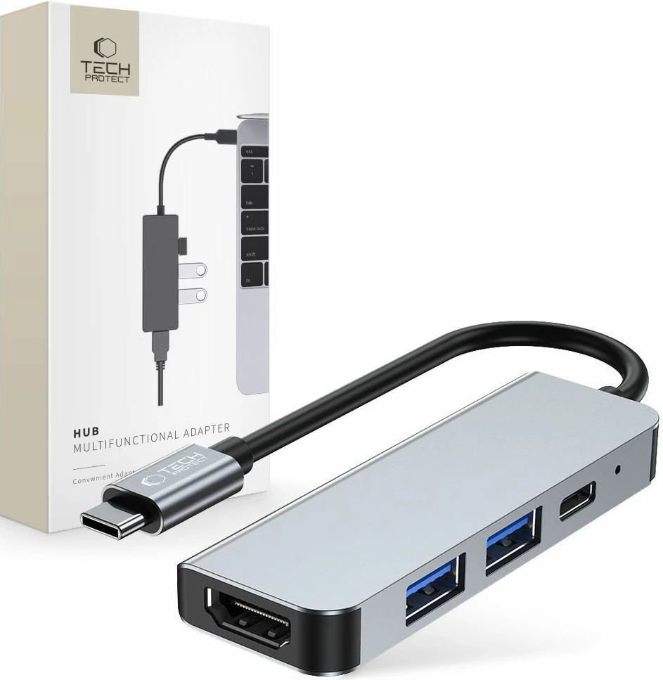 HUB Tech-Protect V2 4in1, USB-C në USB-A 3.0, USB-A 2.0, USB-C, HDMI, Gri
