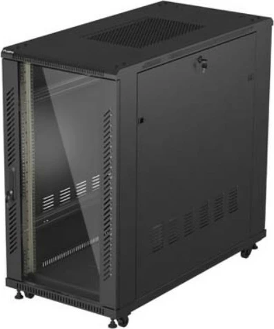 Kabinet rack dysheme 19", Lanberg FF01-6222-12B, 22U, 600x1200 mm, derë xhami, ngarkesë 800 kg, IP20, Flat Pack, e zezë