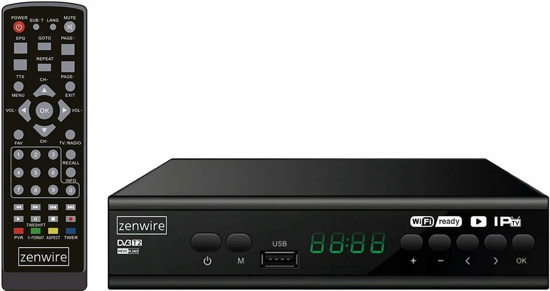 Dekoder DVB-T2 Zenwire 001 H.265/HEVC Full HD, i zi, set me telekomandë