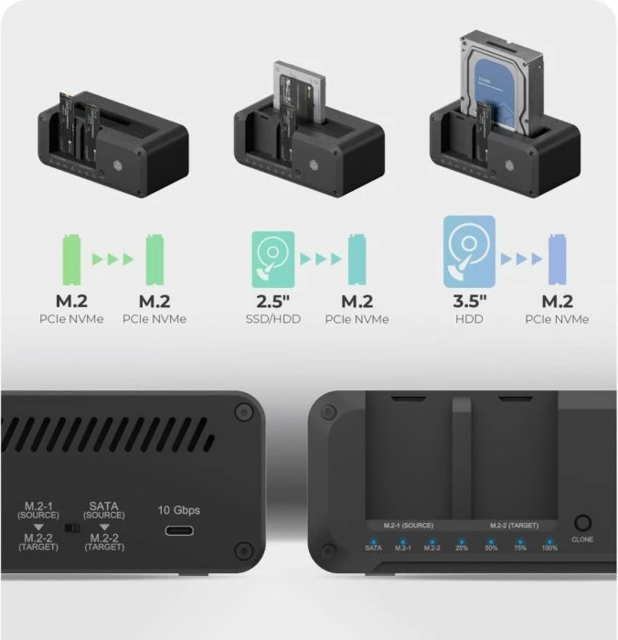 Stacion dockimi dhe klonimi ICYBOX IB-2924MSCL-C31, 3 slota (2× M.2 NVMe + 2.5/3.5" SATA), USB-C/USB-A USB 3.2 Gen2 10 Gbit/s, i zi