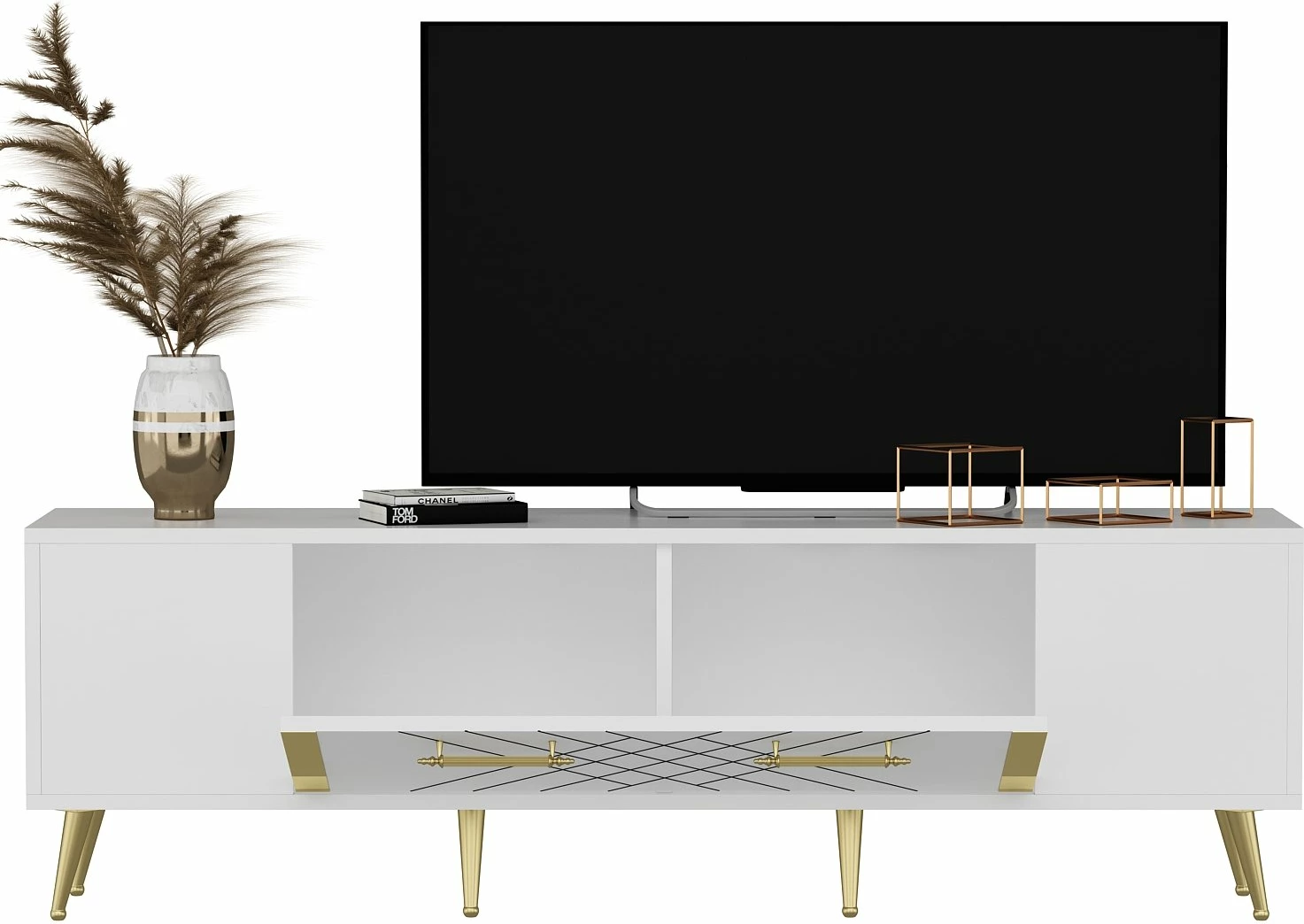 Komodë televizori, ngjyrë e bardhë dhe ari, Skye Decor, dizajn modern, 150x48.2x35cm