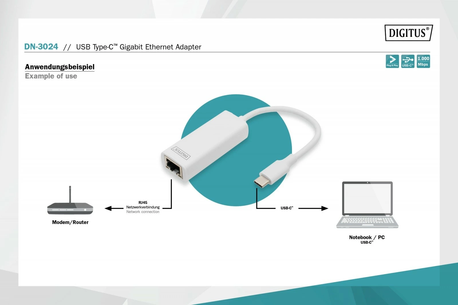 Adapter rrjeti USB-C Digitus DN-3024, Gigabit Ethernet, i bardhë