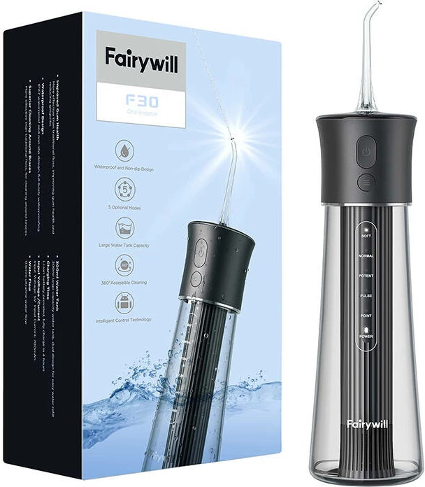 Irrigator dhëmbësh FairyWill F30, portativ, 260 ml, 5 mënyra pune, i zi, me 6 koka