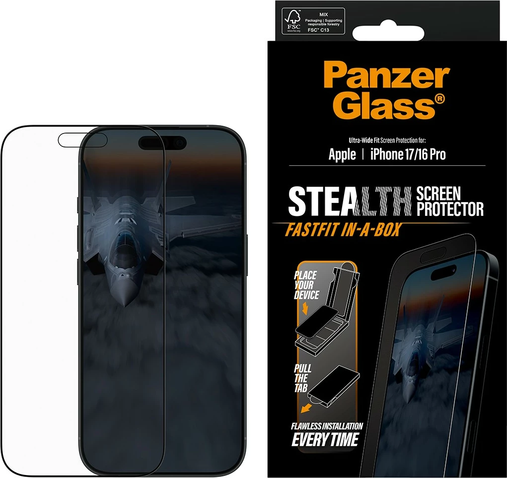Mbrojtës ekrani PanzerGlass Stealth për iPhone 17 / iPhone 16 Pro, Ultra-Wide Fit, kornizë e zezë
