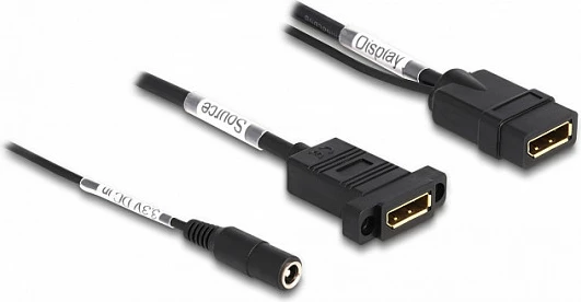 Kabllo DisplayPort DeLOCK 0.3 m, panel-mount, 4K 60Hz, me furnizim DC 2.1x5.5mm, e zezë