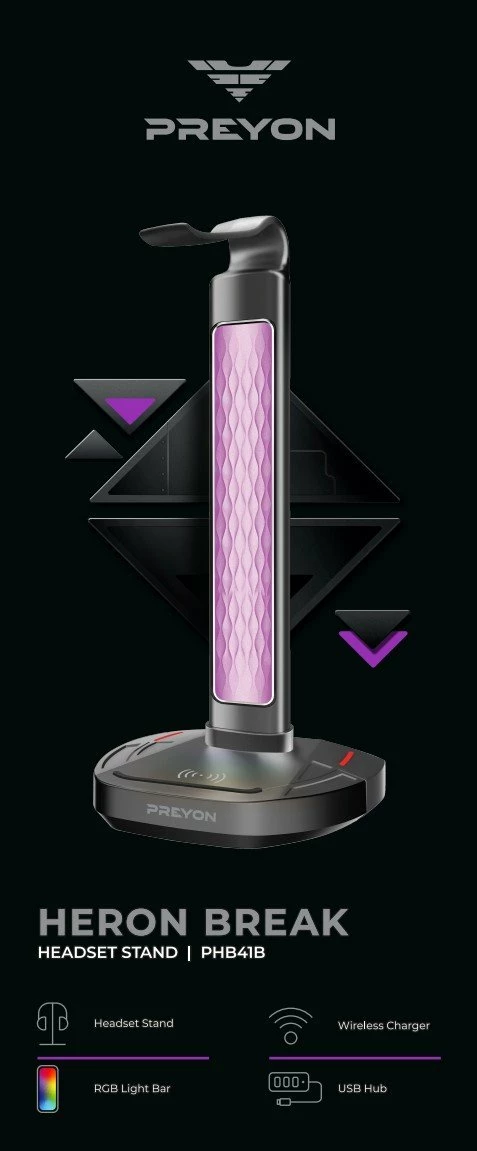 Mbajtëse kufjesh PREYON Heron Beak PHB41B, RGB, karikues pa kabllo, USB hub, e zezë