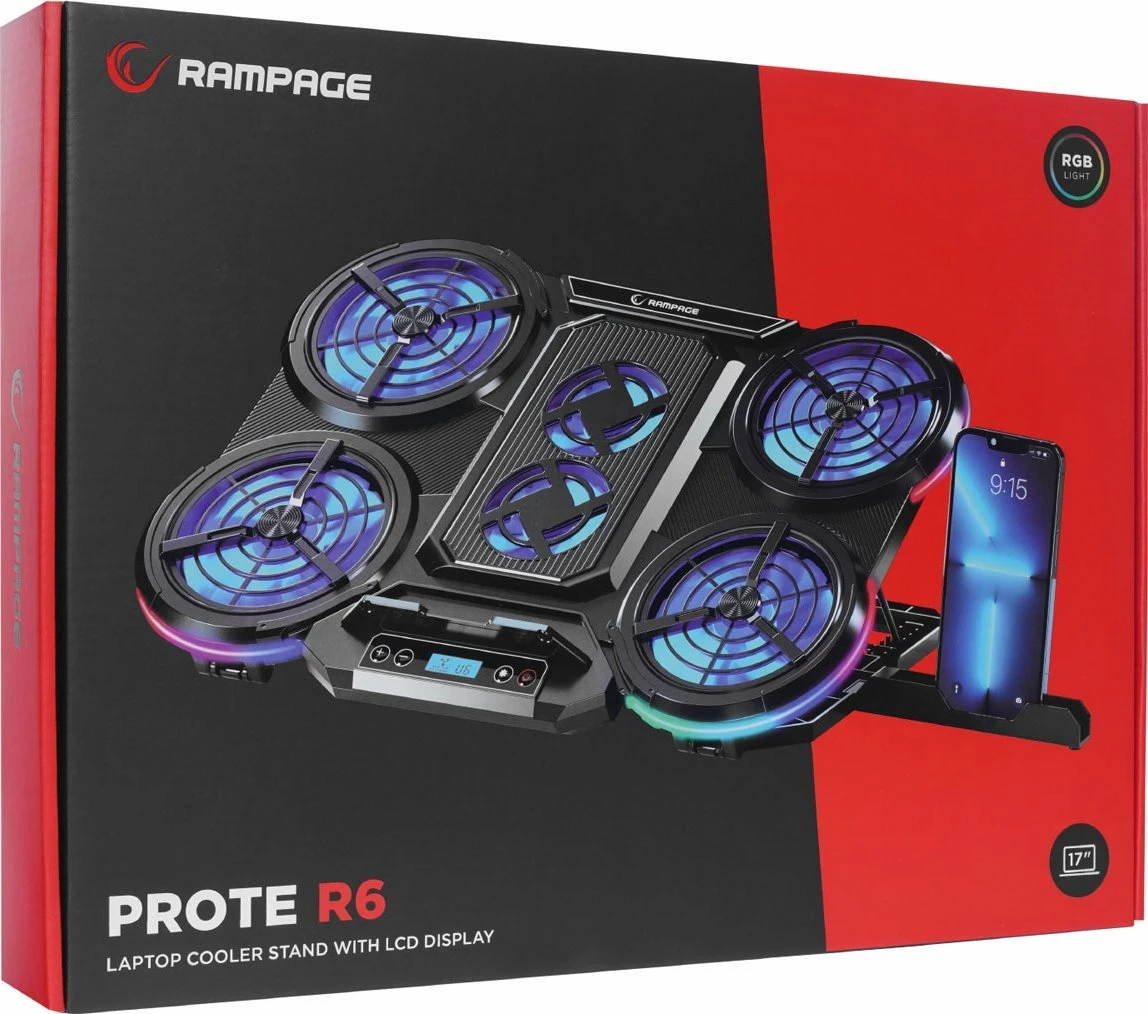 Bazë ftohëse për laptop Rampage Prote R6 10-17\", RGB, rregullueshme, 2x USB, e zezë