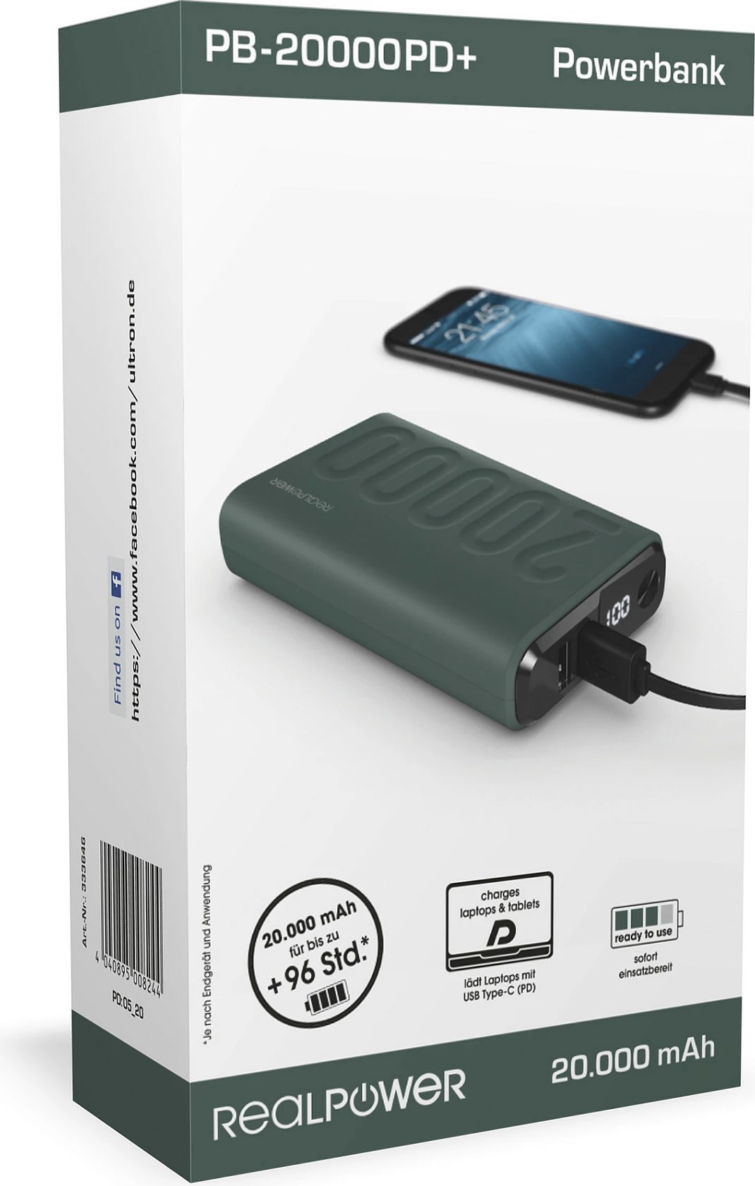 Powerbank RealPower 333646, 20000 mAh, USB-C PD, jeshile