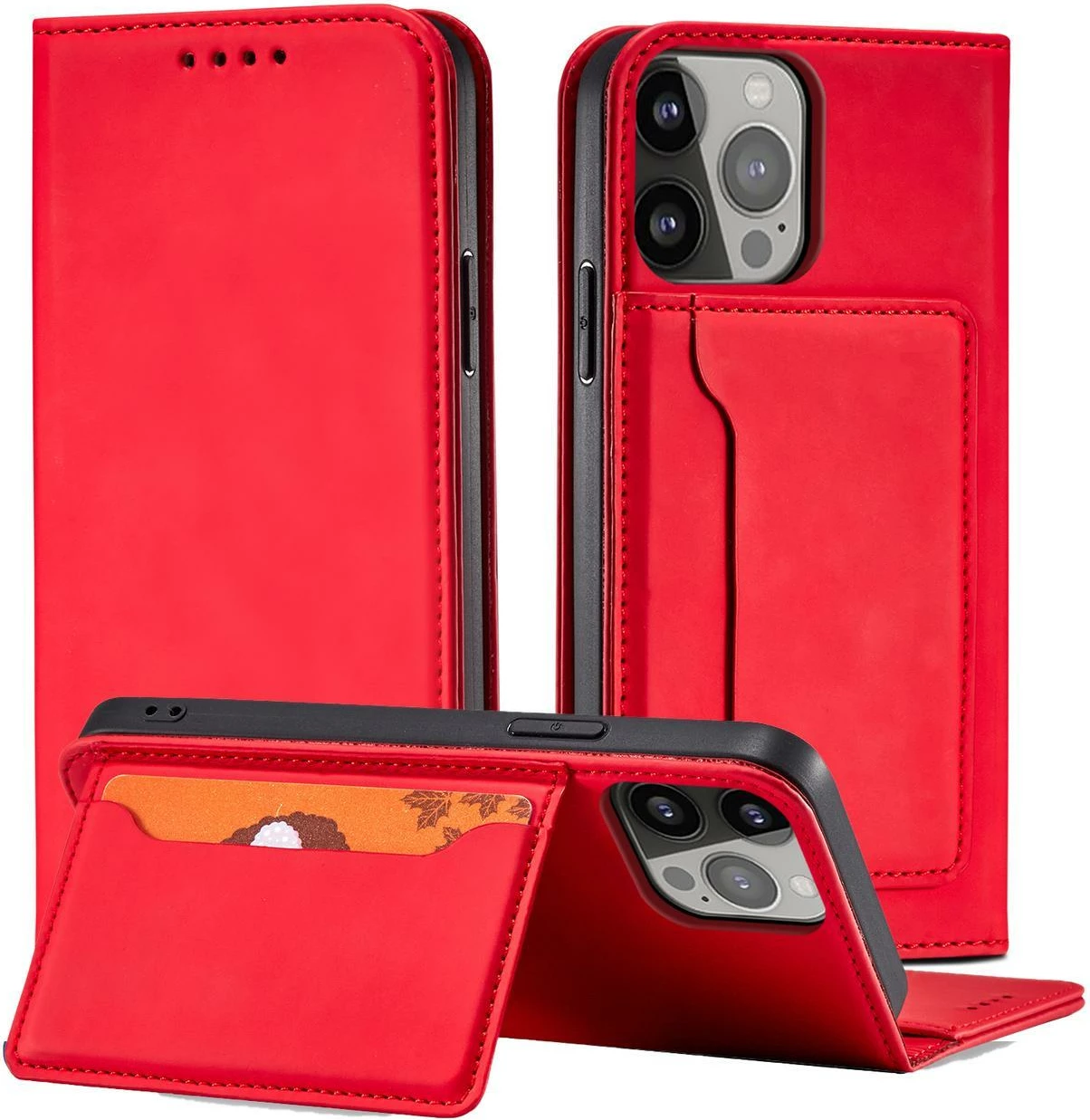 Mbështjellës Hurtel Magnet Card Case për iPhone 14, portofol, qëndrim, e kuqe