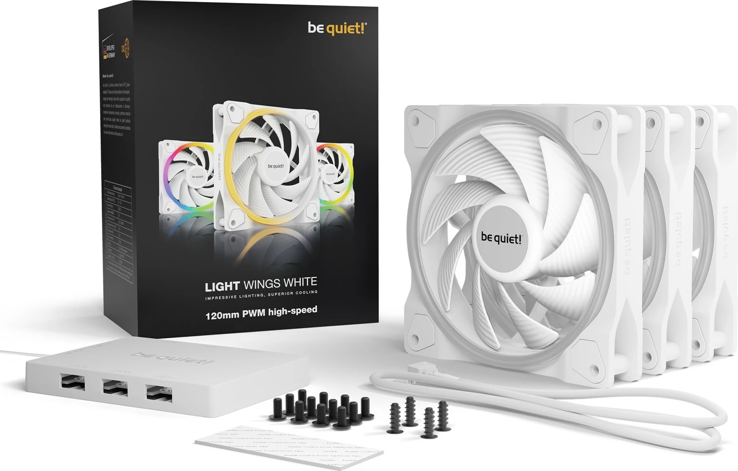 Kasë fan BE QUIET! Light Wings White BL101, 120mm, 3 copë, RGB, Bardhë