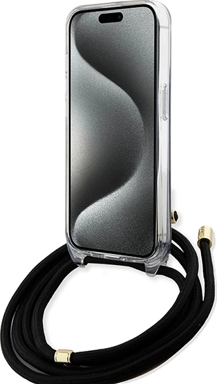 Mbështjellës Guess Crossbody Cord 4G Print për iPhone 15 Pro, zi