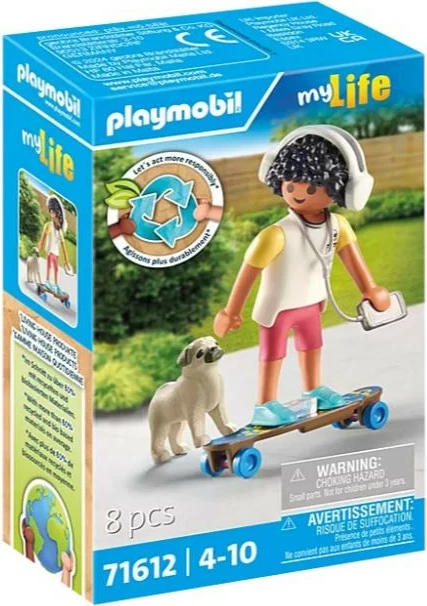 Set lodrash Playmobil My Life 71612, djalë me qen dhe skateboard