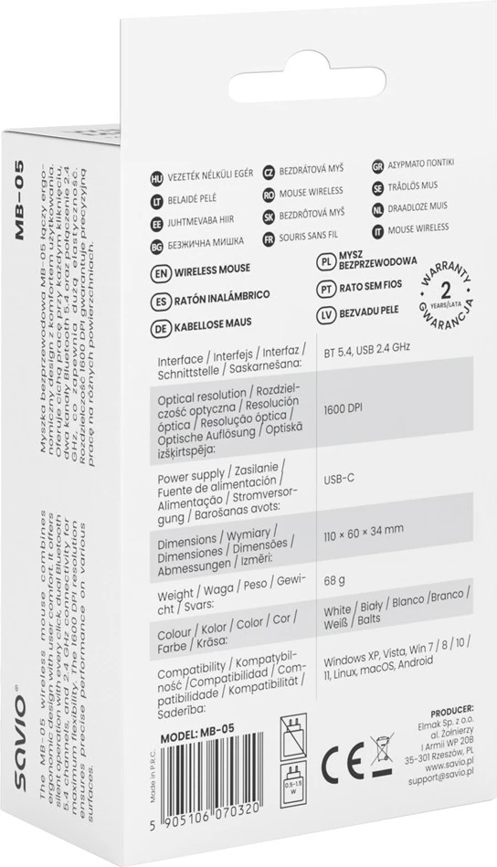 Maus pa kabllo Savio MB-05 1600 DPI Bluetooth 5.4/2.4 GHz optik e bardhë, me marrës USB + kabllo USB-C