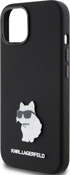 Mbështjellës Karl Lagerfeld Silicone Choupette Metal Pin për iPhone 15 Plus / 14 Plus, i zi
