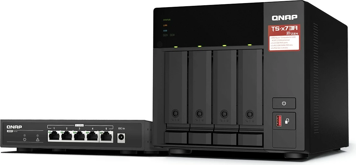NAS QNAP TS-473A 4 bay Ryzen V1500B 8GB + Switch QSW-1105-ST 5 porta 2.5G