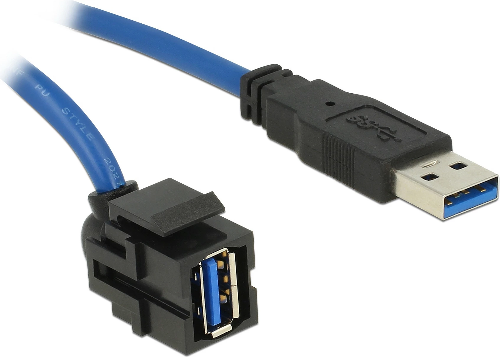 Modul Keystone USB 5 Gbps DeLOCK, USB-A femër në USB-A mashkull, kabllo 1.5 m, me kënd 250°, zi/blu