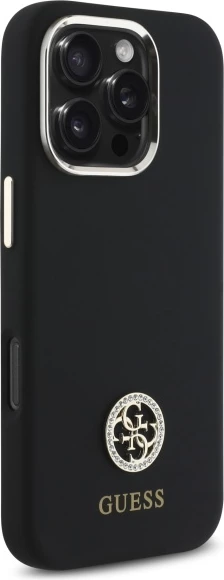 Mbështjellës Guess Silicone Logo Strass 4G për iPhone 16 Pro, i zi