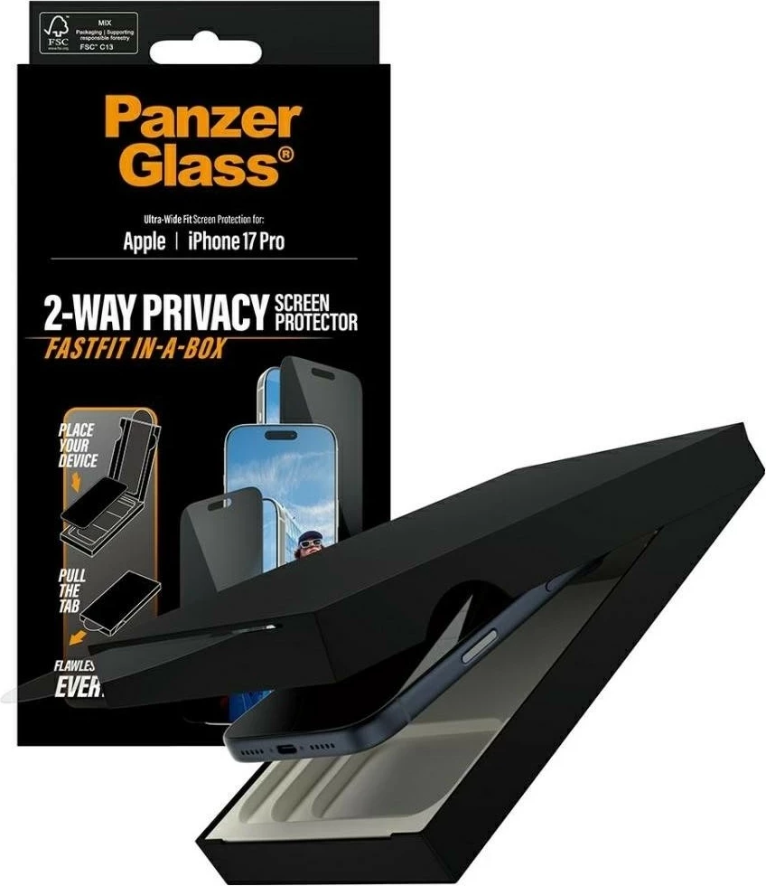 Mbështjellës PanzerGlass Ultra-Wide Fit Fastfit për iPhone 17 Pro, privacy glass, e zezë