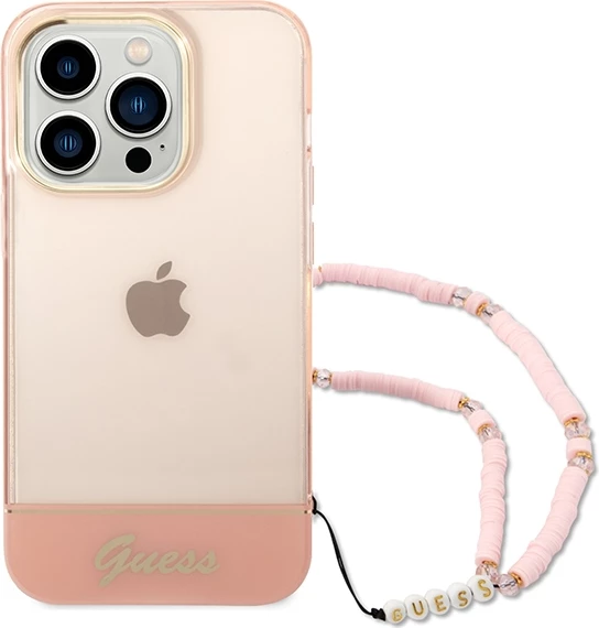 Mbështjellës Guess GUHCP14LHGCOHP për iPhone 14 Pro 6.1", hardcase, Translucent Pearl Strap, rozë