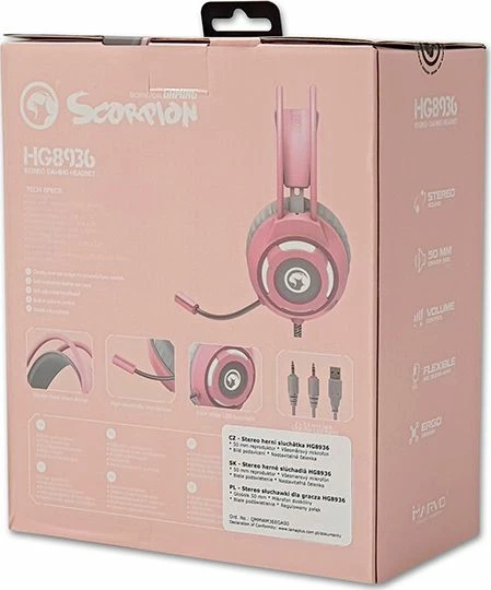Kufje gaming Marvo HG8936 me mikrofon, ndriçim LED, 2x3.5mm + USB, kabllo 2.1 m, rozë/gri
