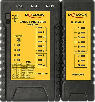 Tester kabllo rrjeti DeLOCK 86107, RJ45/RJ12, PoE 802.3af/at, 9V, zi/verdhe