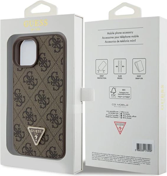 Mbështjellës Guess Leather 4G Triangle Strass për iPhone 15, Kafe
