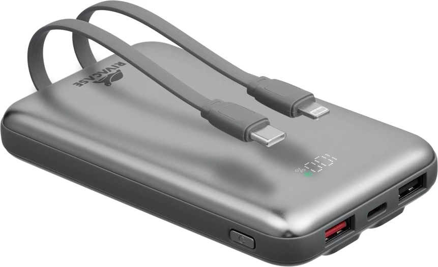 Power bank RIVACASE VA2611 10,000 mAh 30W, LCD, kabllo Type-C + Lightning, gri