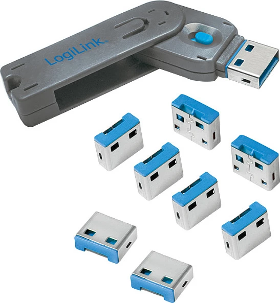 Bllokues porte USB-A LogiLink, 1 çelës + 8 bllokues, gri/blu
