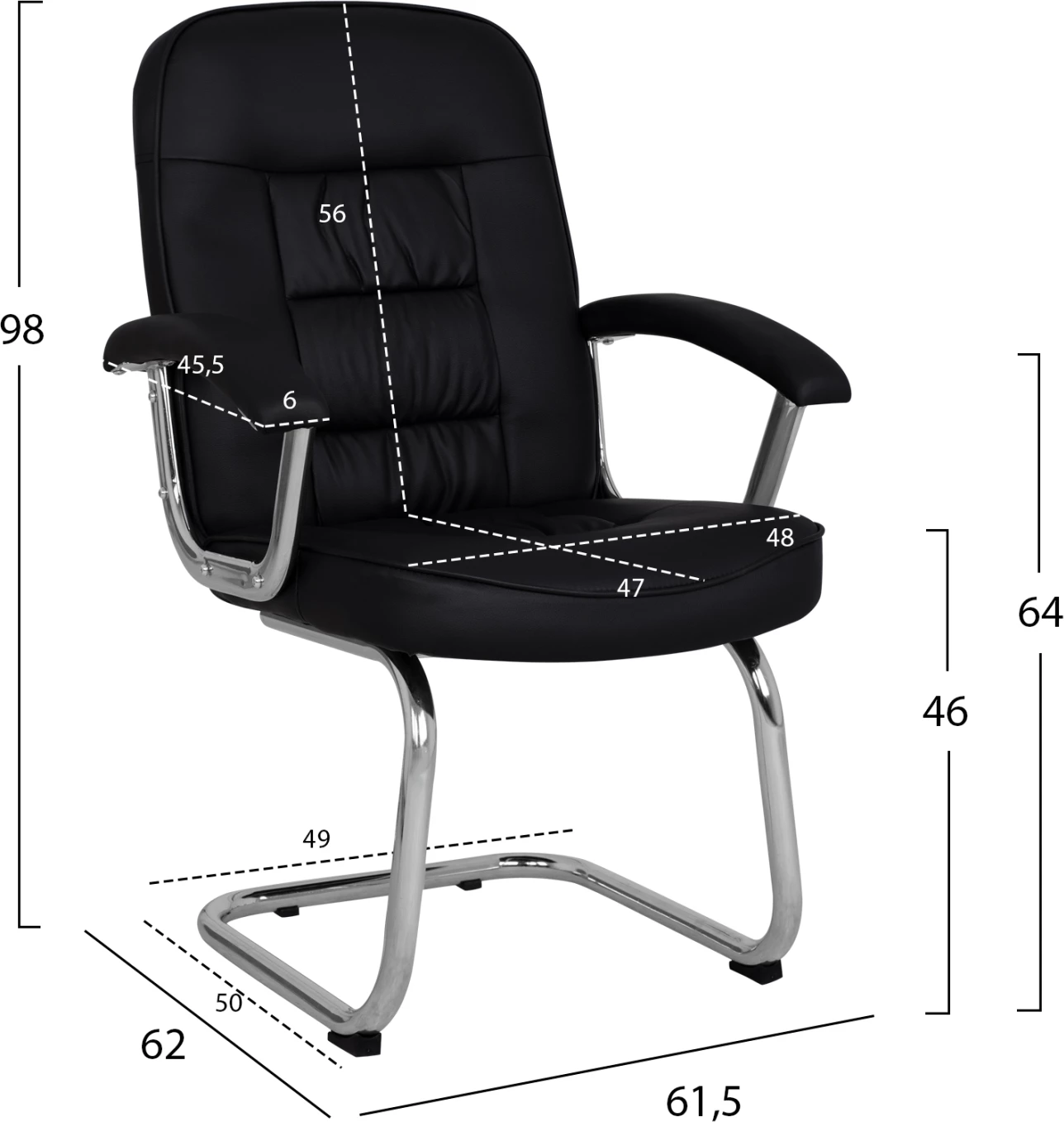 Karrige konferencash FH1114, ngjyrë e zezë PU, bazë kromi, 61.5x62x98 cm, set prej 2 copë