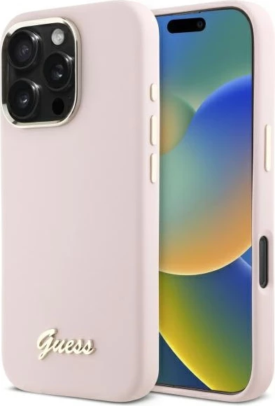 Mbështjellës Guess Silicone Script Metal Logo & Frame për iPhone 16 Pro Max, Rozë