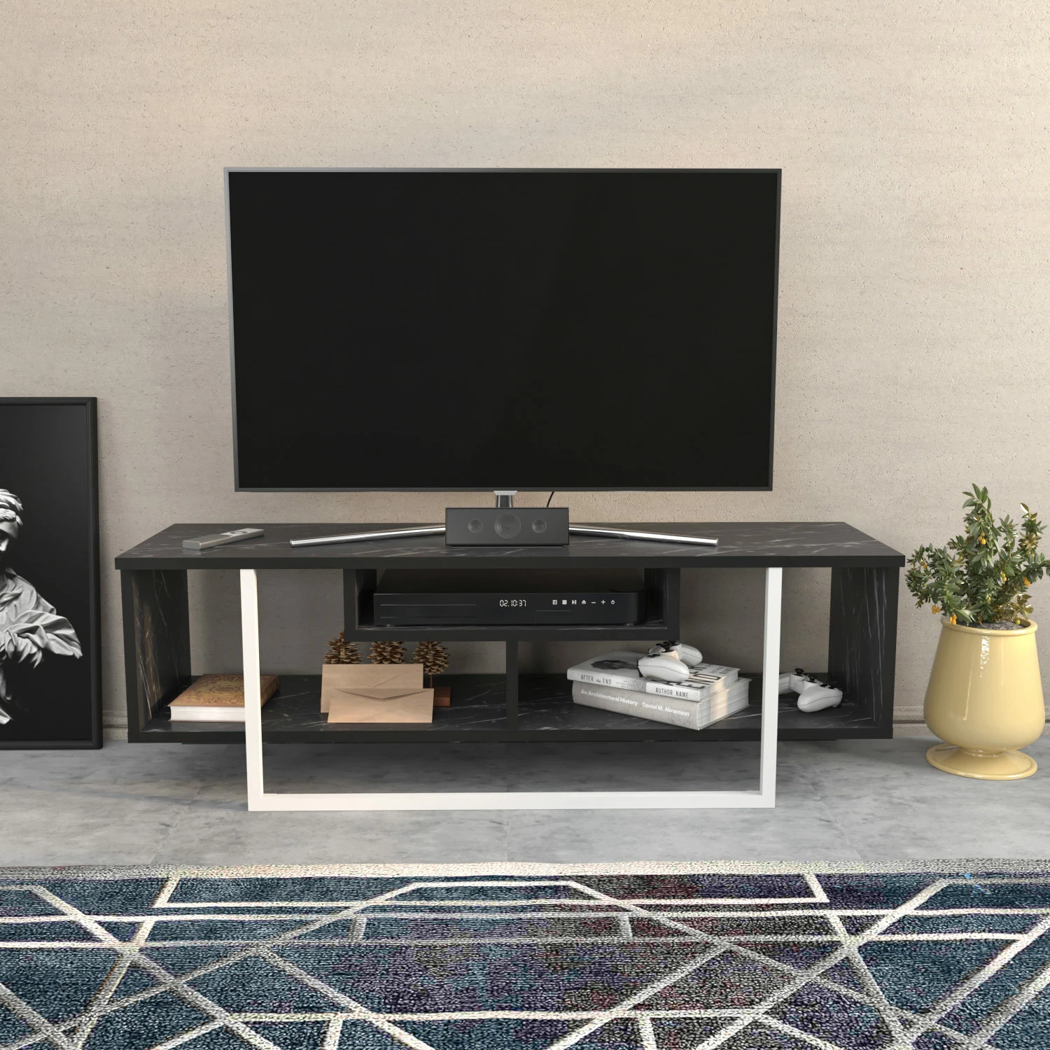 Komodinë TV Skye Decor, Asal 120, e zezë dhe e bardhë