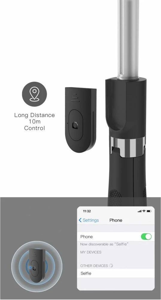 Selfie stick me tripod Tech-Protect L01S, Bluetooth, për smartphone, 70cm, Zi