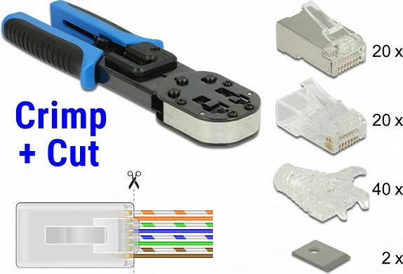 Set veglash DeLOCK 86450, krimpan/prerës RJ45/RJ12, 40 konektorë + 40 këpucë kabllo, zi/kaltër