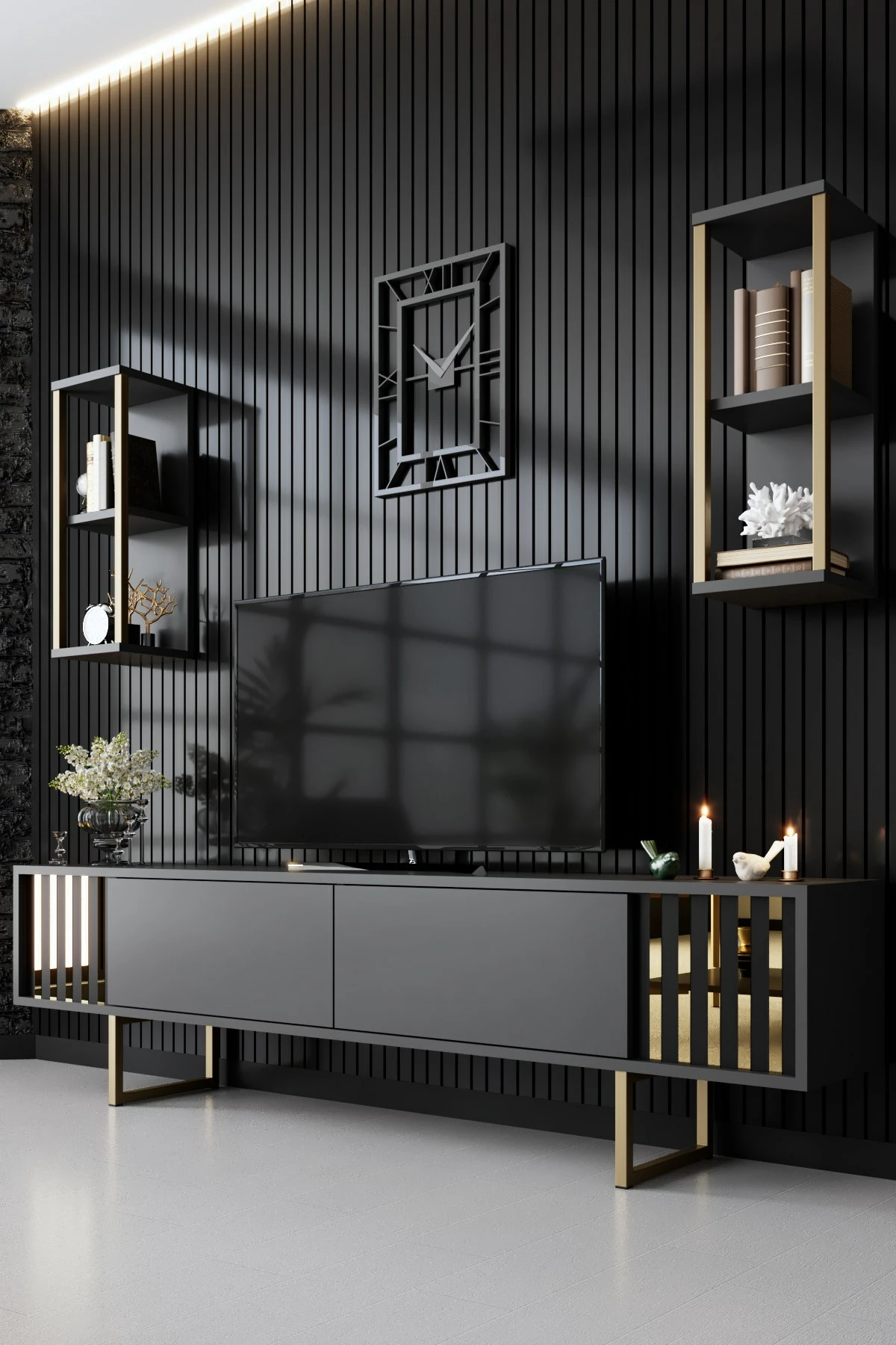 Komodë TV Hanah Home, Gold Line, antracit, e zezë