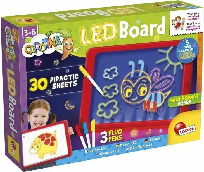 Tabelë edukative LED Lisciani Carotina LED Board, set me 30 fletë didaktike dhe 3 markerë fluo