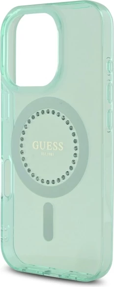 Mbështjellës Guess IML Rhinestones MagSafe për iPhone 16 Pro Max, i gjelbër